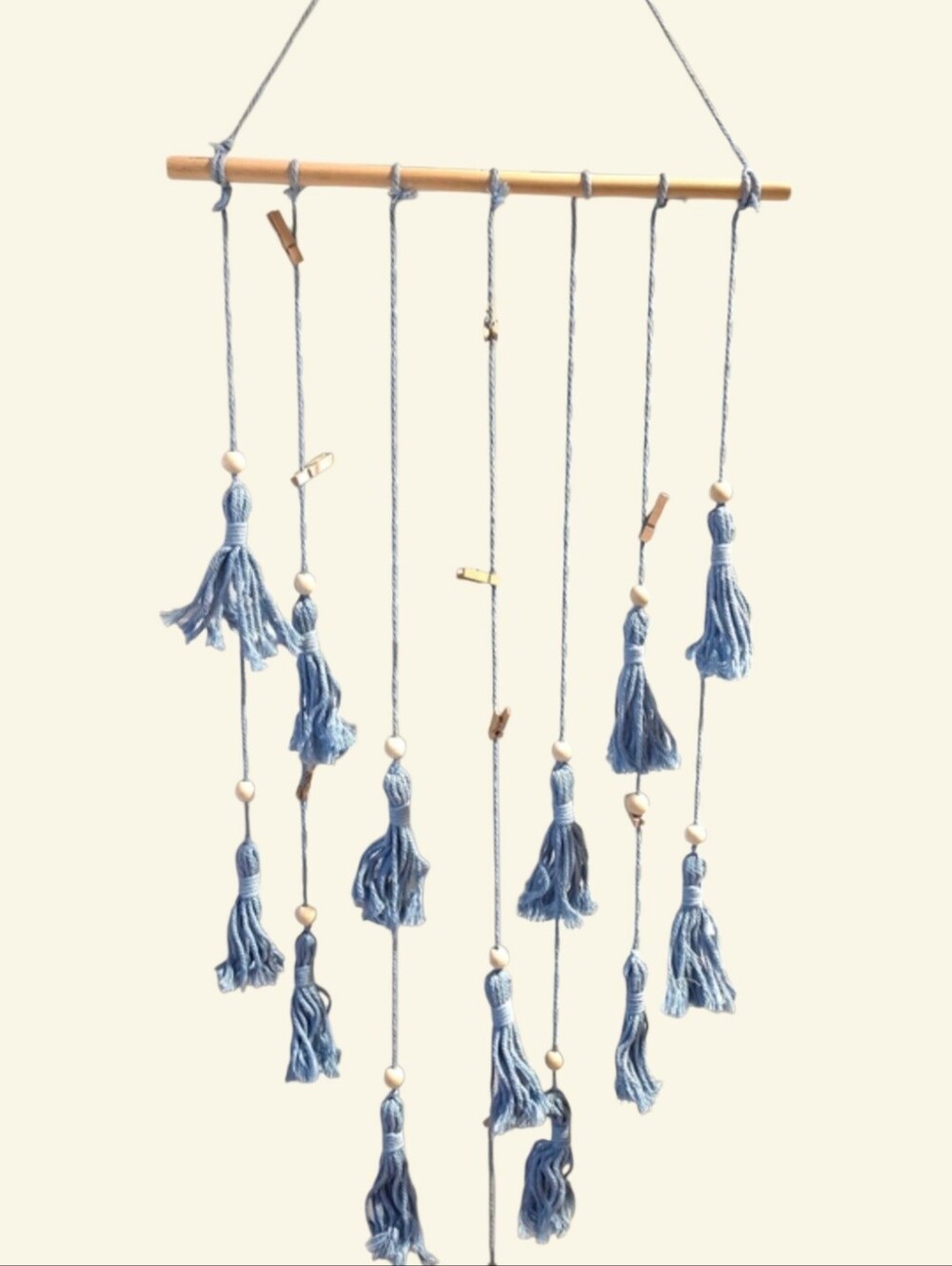 Bohemian Blue Cotton Yarn Tassel Garland Wall Art Wooden Beads LED Light Sz 43" - Picture 2 of 10